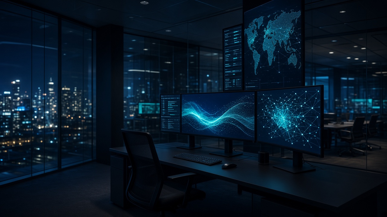 Modern technology operations room with data displays